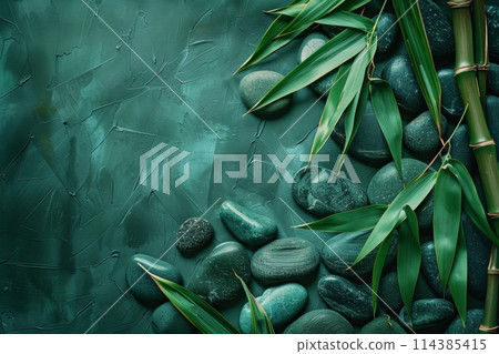 Serenely arranged bamboo stalks and smooth stones on a textured green backdrop 114385415