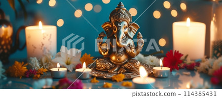 Serene golden ganesha statue surrounded by candles and flowers on a decorated table 114385431