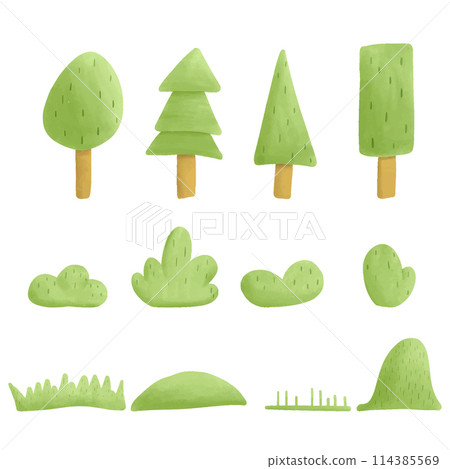 Set watercolor vector elements trees, grass and bushes. Set watercolor vector elements trees, grass and bushes. 114385569