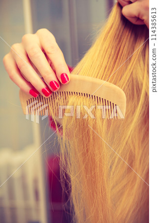 Female hand holding comb closeup 114385613