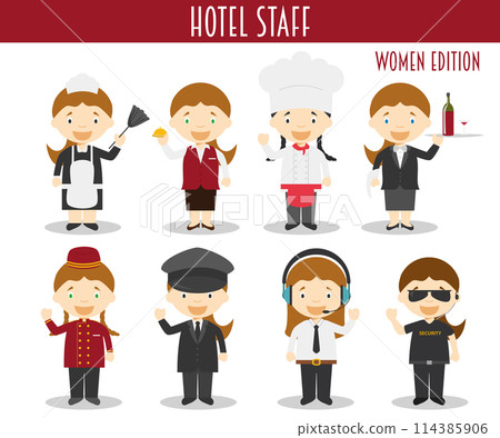 Vector Set of Hotel Staff Professions in cartoon style. Women Edition. Vector Set of Hotel Staff Professions in cartoon style. Women Edition. 114385906