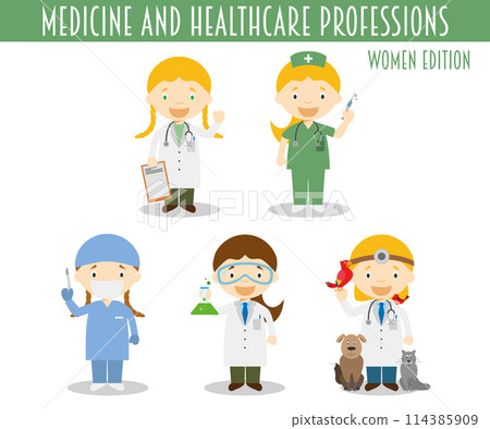 Vector Set of Medicine and Healthcare Professions in cartoon style. Women Edition. Vector Set of Medicine and Healthcare Professions in cartoon style. Women Edition. 114385909