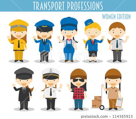 Vector Set of Transport Professions in cartoon style. Women Edition. 114385913