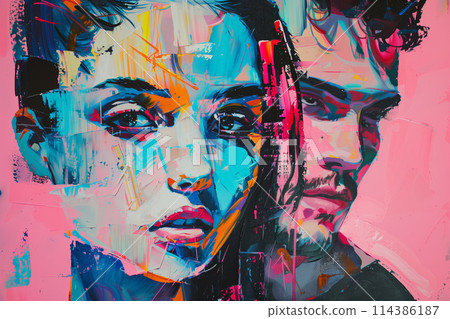Abstract creative painting of beautiful couple, woman and man on pink background, modern art Abstract creative painting of beautiful couple, woman and man on pink background, modern art 114386187