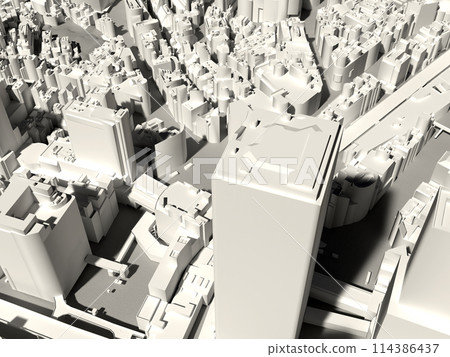 3DCG of aerial view of Shibuya, Tokyo's skyscraper district 114386437