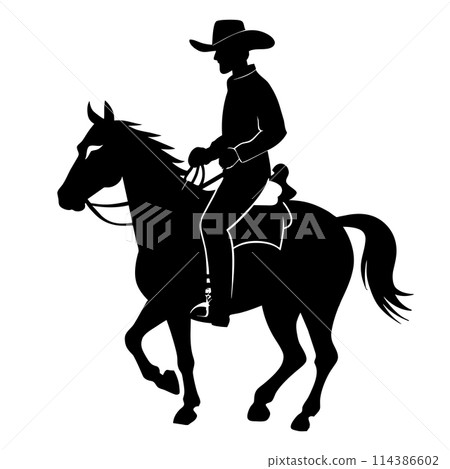 Cowboy on horse silhouette vector illustration isolated on white background. 114386602
