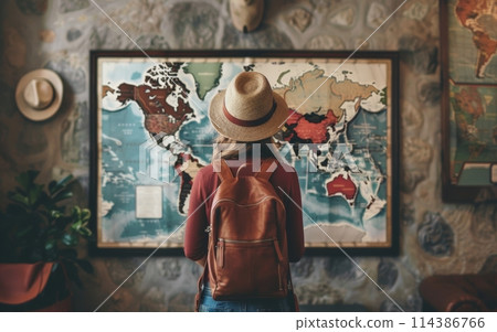 A traveler in a straw hat is engrossed in studying a colorful wall map, contemplating her next destination. The map invites a sense of wonder and exploration. A traveler in a straw hat is engrossed in studying a colorful wall map, contemplating her next destination. The map invites a sense of wonder and exploration. 114386766