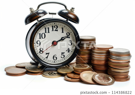 Retro alarm clock and coins stack . Retirement planning. money saving and Investment. Retro alarm clock and coins stack . Retirement planning. money saving and Investment. 114386822