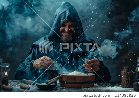 The medieval alchemist make magic ritual at the table in his smoke laboratory. 114386829