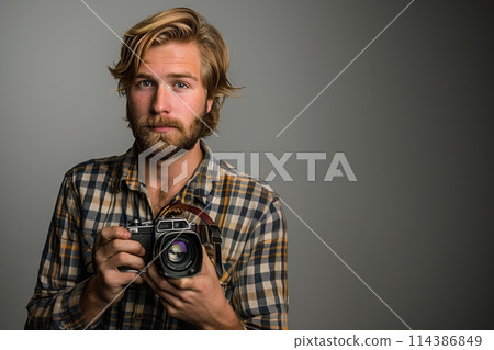 Stylish attractive cameraman in a checkered shirt holds in the hands of an old movie camera 114386849