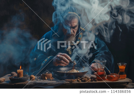 The medieval alchemist make magic ritual at the table in his smoke laboratory. 114386856