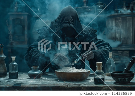 The medieval alchemist make magic ritual at the table in his smoke laboratory. 114386859