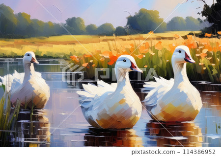 White goose cute animals oil painting. Funny birds on nature background. 114386952