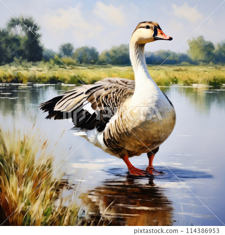 White goose cute animal oil painting. Funny birds on nature background. White goose cute animal oil painting. Funny birds on nature background. 114386953