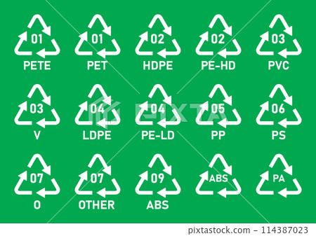 All plastic recycling code icon set. Plastic recycling code symbol icons isolated on green background. Plastic recycling codes- 01 PET, 02 HDPE, 03 PVC, 04 LDPE, 05 PP, 06 PS, 07 OTHER, 09 ABS, PA. 114387023