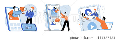 Video marketing vector illustration. Effective management ensures seamless execution video marketing initiatives Social media platforms have become integral for promoting and sharing video marketing Video marketing vector illustration. Effective management ensures seamless execution video marketing initiatives Social media platforms have become integral for promoting and sharing video marketing 114387183