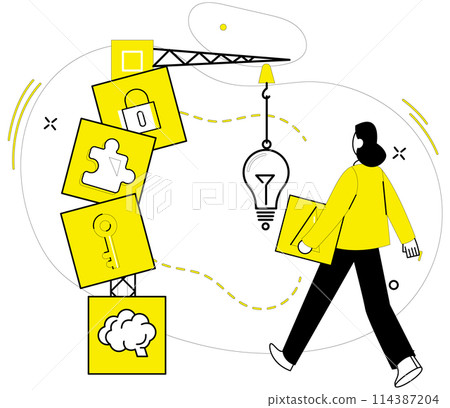 Creative solutions vector illustration. Professional success demands fusion business strategy and creative thinking Progress unfolds when businesses navigate landscape with creative solutions concept 114387204