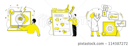 Creative solutions vector illustration. Contemplation and brainstorming are dynamic duo behind inventive breakthroughs Professional success demands fusion business strategy and creative thinking 114387272