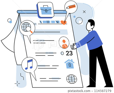 Personal profile. Vector illustration. The personal profile metaphor compares profile to digital representation oneself Digital communication through personal profiles fosters connections Personal profile. Vector illustration. The personal profile metaphor compares profile to digital representation oneself Digital communication through personal profiles fosters connections 114387279