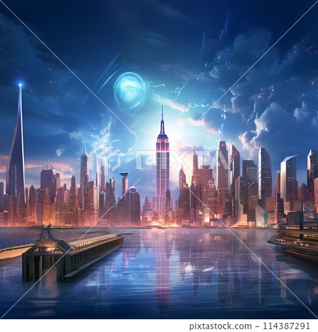Futuristic New York City skyline with transformed iconic landmarks 114387291