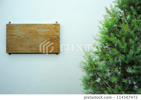 The empty wooden plate for putting some word hanging on the white wall with the tree aside The empty wooden plate for putting some word hanging on the white wall with the tree aside 114387472