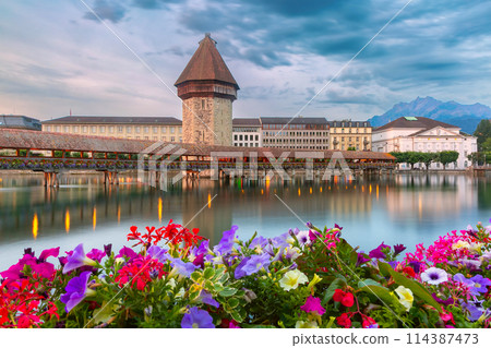 Chapel Bridge at Twilight, Lucerne, Switzerland 114387473