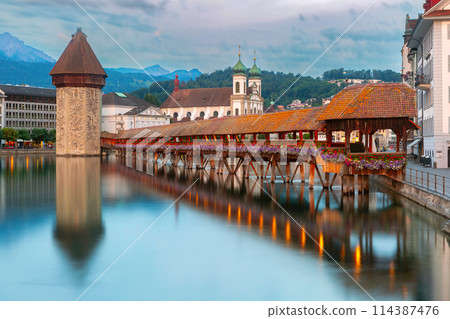 Chapel Bridge at Twilight, Lucerne, Switzerland Chapel Bridge at Twilight, Lucerne, Switzerland 114387476