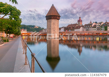 Chapel Bridge at Twilight, Lucerne, Switzerland Chapel Bridge at Twilight, Lucerne, Switzerland 114387479