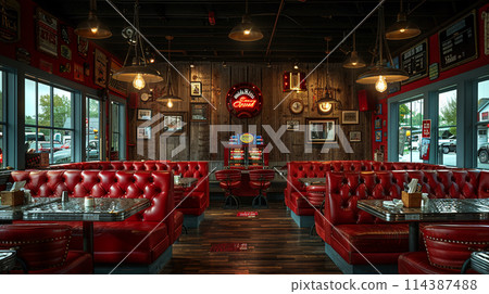 Classic American diner with red leather booths and a jukebox 114387488