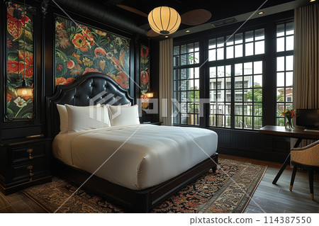Boutique hotel room with unique decor and luxurious amenities 114387550