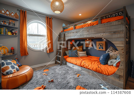 Adventure-themed kids bedroom with a loft bed and imaginative play areas 114387608