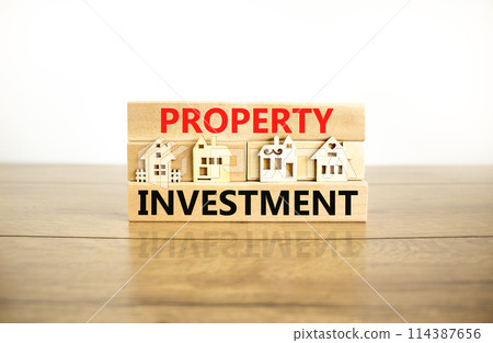 Property investment symbol. Concept words Property investment on beautiful wooden blocks. Wooden model of houses. Beautiful white background. Business Property investment concept. Copy space. 114387656