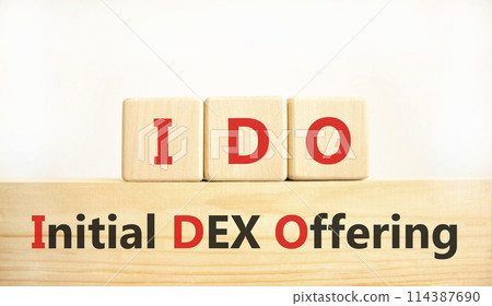 IDO initial DEX offering symbol. Concept words IDO initial DEX offering on beautiful wooden blocks. Beautiful white background. Business IDO initial DEX offering concept. Copy space. 114387690