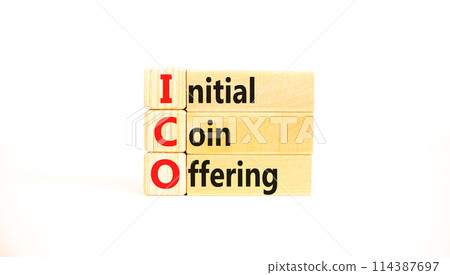ICO initial coin offering symbol. Concept words ICO initial coin offering on beautiful wooden blocks. Beautiful white background. Business ICO initial coin offering concept. Copy space. 114387697