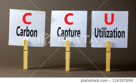 CCU Carbon capture utilization symbol. Concept words CCU Carbon capture utilization on beautiful paper. Beautiful grey background. Business ecological Carbon capture utilization concept. Copy space. 114387699
