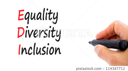EDI equality diversity inclusion symbol. Concept words EDI equality diversity inclusion on white paper. Beautiful white background. Business EDI equality diversity inclusion concept. Copy space. 114387712