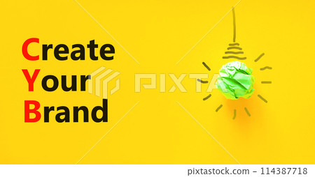 CYB Create your brand symbol. Concept words CYB Create your brand on beautiful yellow paper. Beautiful yellow background. Green light bulb icon. Business CYB Create your brand concept. Copy space. CYB Create your brand symbol. Concept words CYB Create your brand on beautiful yellow paper. Beautiful yellow background. Green light bulb icon. Business CYB Create your brand concept. Copy space. 114387718