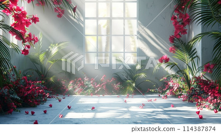 Room Filled With Green Plants and Red Flowers 114387874