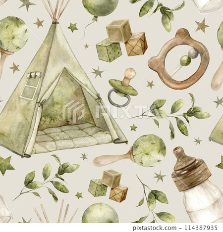 Baby watercolor pattern with wigwam, milk bottle, rattles, cubes, pacifier and plants on a beige background. Isolated hand drawn illustration for children's interior, cards, stickers, textiles, design 114387935