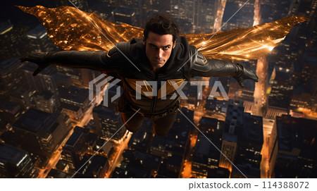 Superhero flying in the sky with costume and cape. Action movie blockbuster shot. 114388072