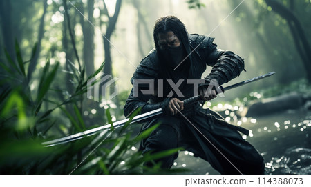 Action shot of a martial arts warrior in the bamboo forest. Cinematic dynamic scene in action movie blockbuster style. 114388073
