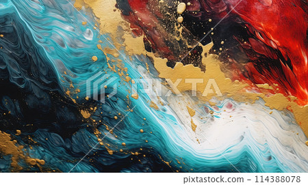 Abstract artistic background with blue and red marble with golden paint stains. 114388078
