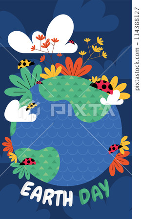 Geometric earth day card Ladybugs and flowers Vector 114388127