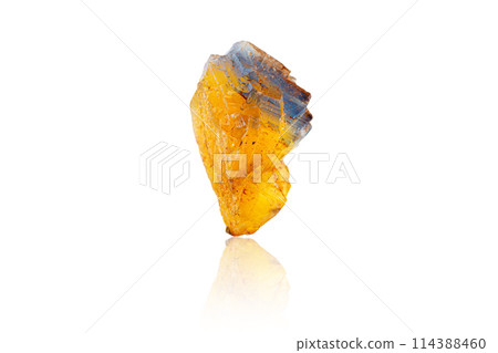 Macro mineral stone Fluorite yellow and blue color on a white background 114388460