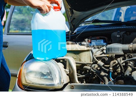 Pouring antifreeze liquid for washing car screen Pouring antifreeze liquid for washing car screen 114388549