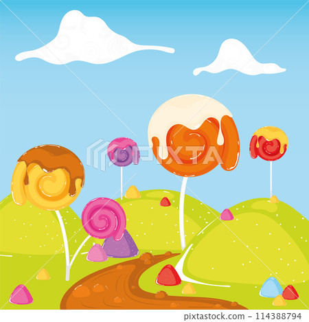 Colored candy land landscape Sweet place Vector 114388794