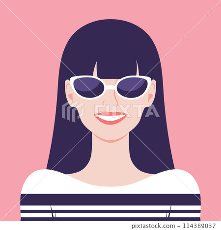 Happy smiling young woman wearing sunglasses. Portrait or avatar of a girl with long bangs hair in sunglasses. Vector illustration Happy smiling young woman wearing sunglasses. Portrait or avatar of a girl with long bangs hair in sunglasses. Vector illustration 114389037