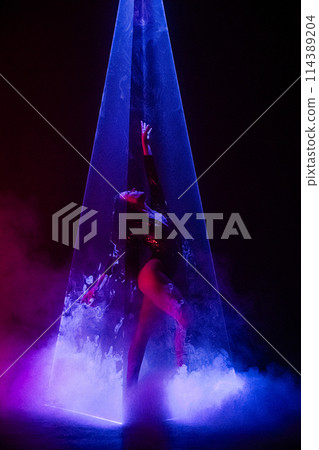 Gorgeous woman under colorful illumination, laser light, neon smoke club. Gorgeous woman under colorful illumination, laser light, neon smoke club. 114389204