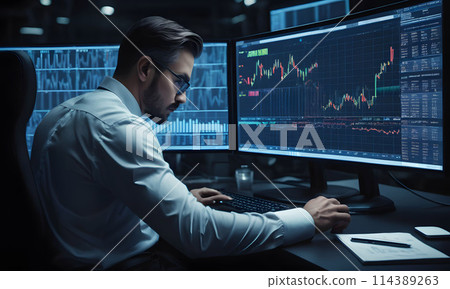 A man works at a computer in the dark. Graphics on monitors. Artificial intelligence.  114389263