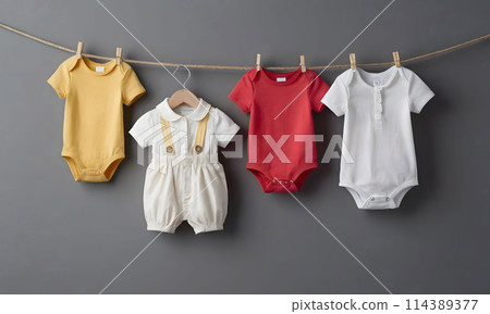 Children's clothes are dried on a rope with clothespins on a gray background. Artificial intelligence. Children's clothes are dried on a rope with clothespins on a gray background. Artificial intelligence. 114389377